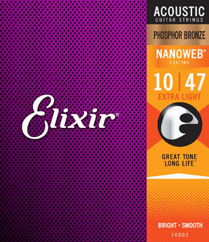 ELIXIR 10-47 EXTRA LIGHT, PHOSPHOR BRONZE ACOUSTIC GUITAR STRINGS WITH NANOWEB TECHNOLOGY