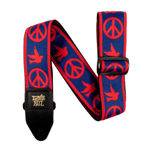 ERNIE BALL CLASSIC JACQUARD GUITAR STRAP/BASS STRAP - RED AND BLUE PEACE LOVE DOVE