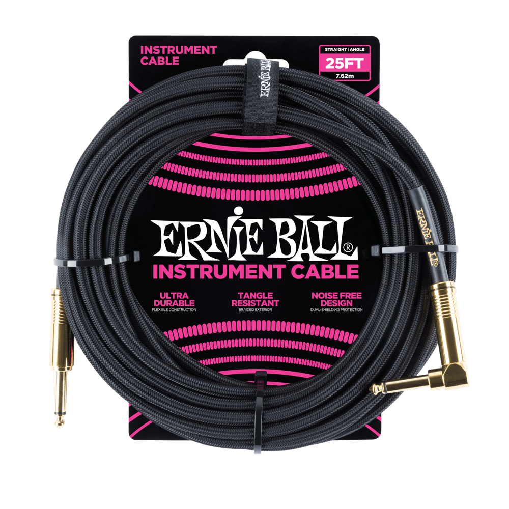 ERNIE BALL BRAIDED INSTRUMENT CABLE STRAIGHT/ANGLE 25FT - BLACK