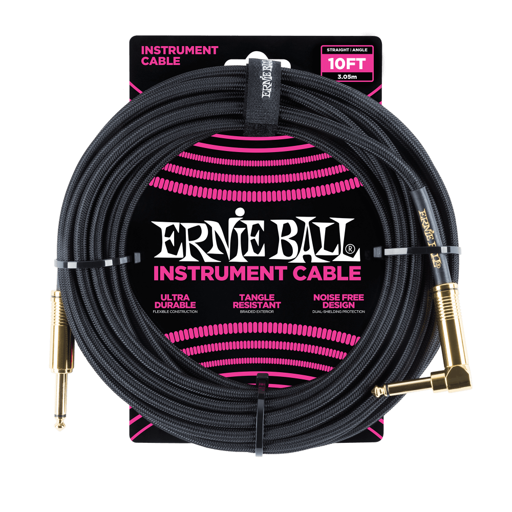 ERNIE BALL BRAIDED INSTRUMENT CABLE STRAIGHT/ANGLE 10FT - BLACK W/GOLD CONNECTORS