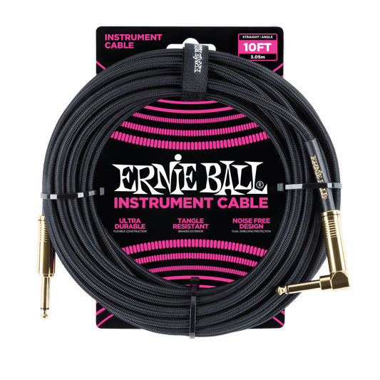 ERNIE BALL BRAIDED INSTRUMENT CABLE STRAIGHT/ANGLE 10FT - BLACK W/GOLD CONNECTORS
